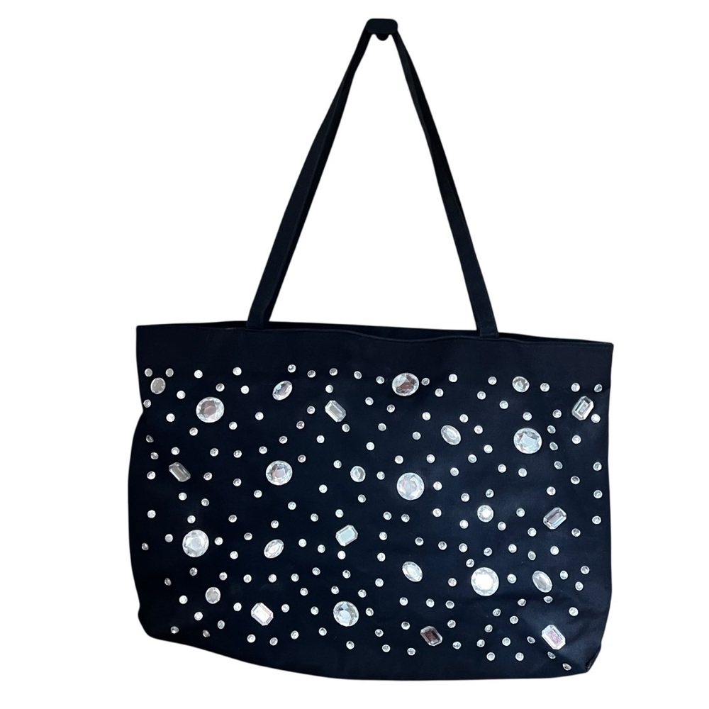 Glitzies Rhinestone Studded Black Tote Bag Y2K Glam Sparkle Large Shoulder Bag